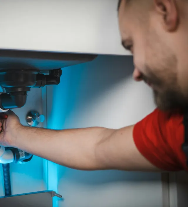 A plumber smiling while he tightens a fitting under a kitchen sink.